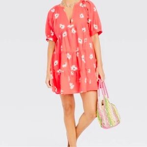 Universal Thread Coral and Cream Floral Tiered Dress